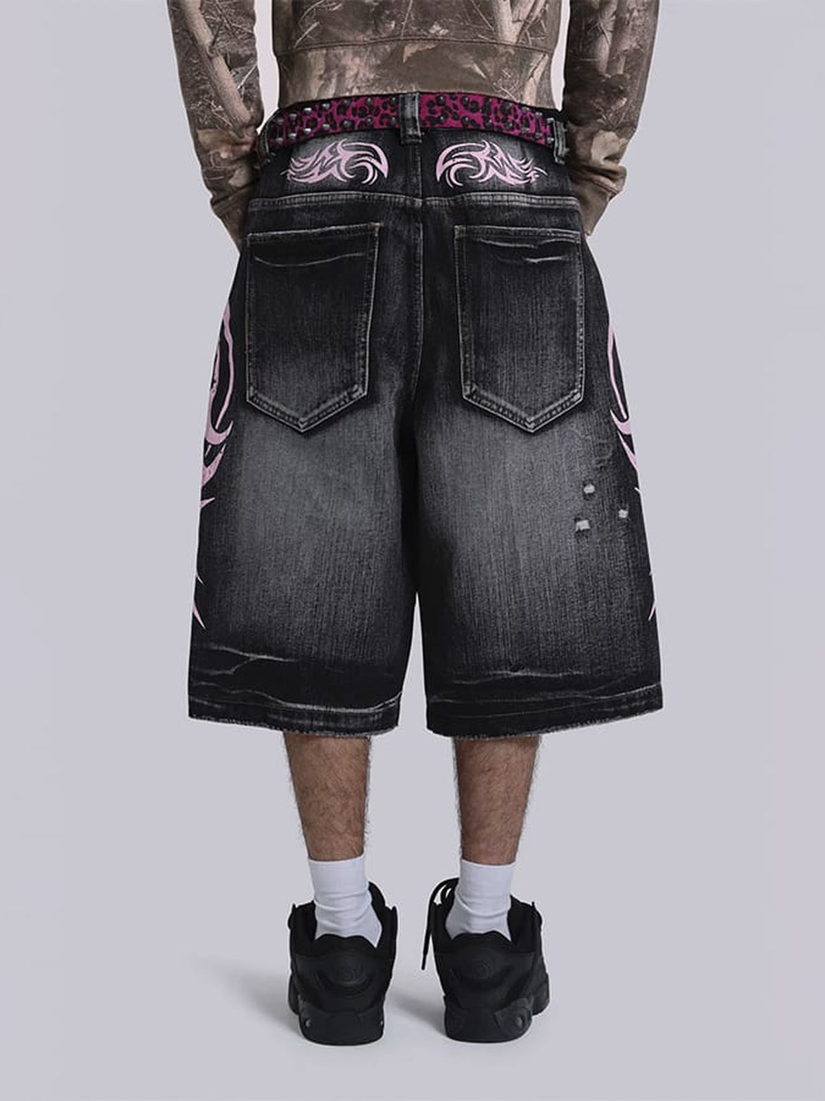 Black Ripped Jorts with Pink Tribal Print – on model, back | XoKool