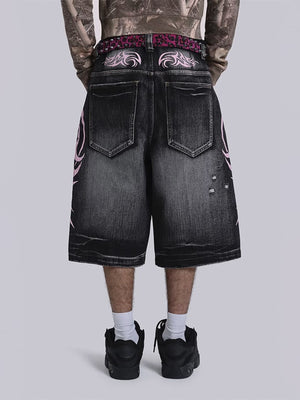 Black Ripped Jorts with Pink Tribal Print – on model, back | XoKool