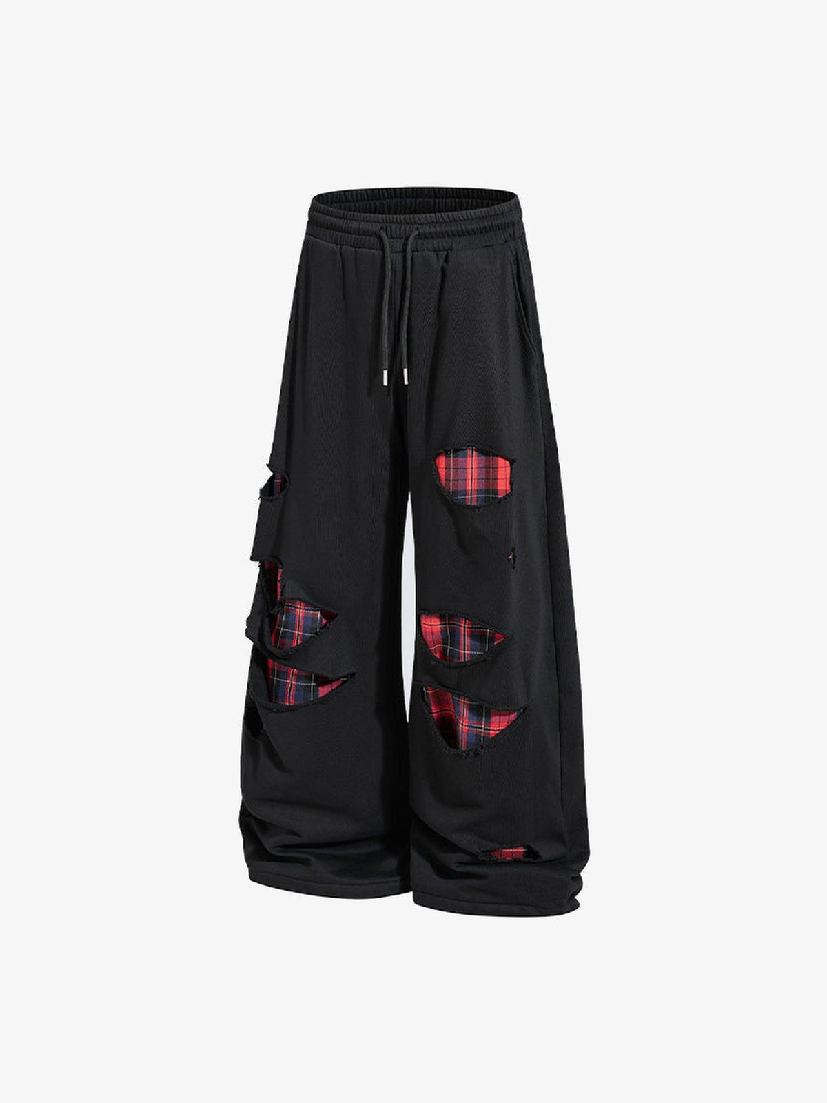 Schwarze Ripped Jogginghose mit Karo-Patches – schräge Ansicht | XoKool