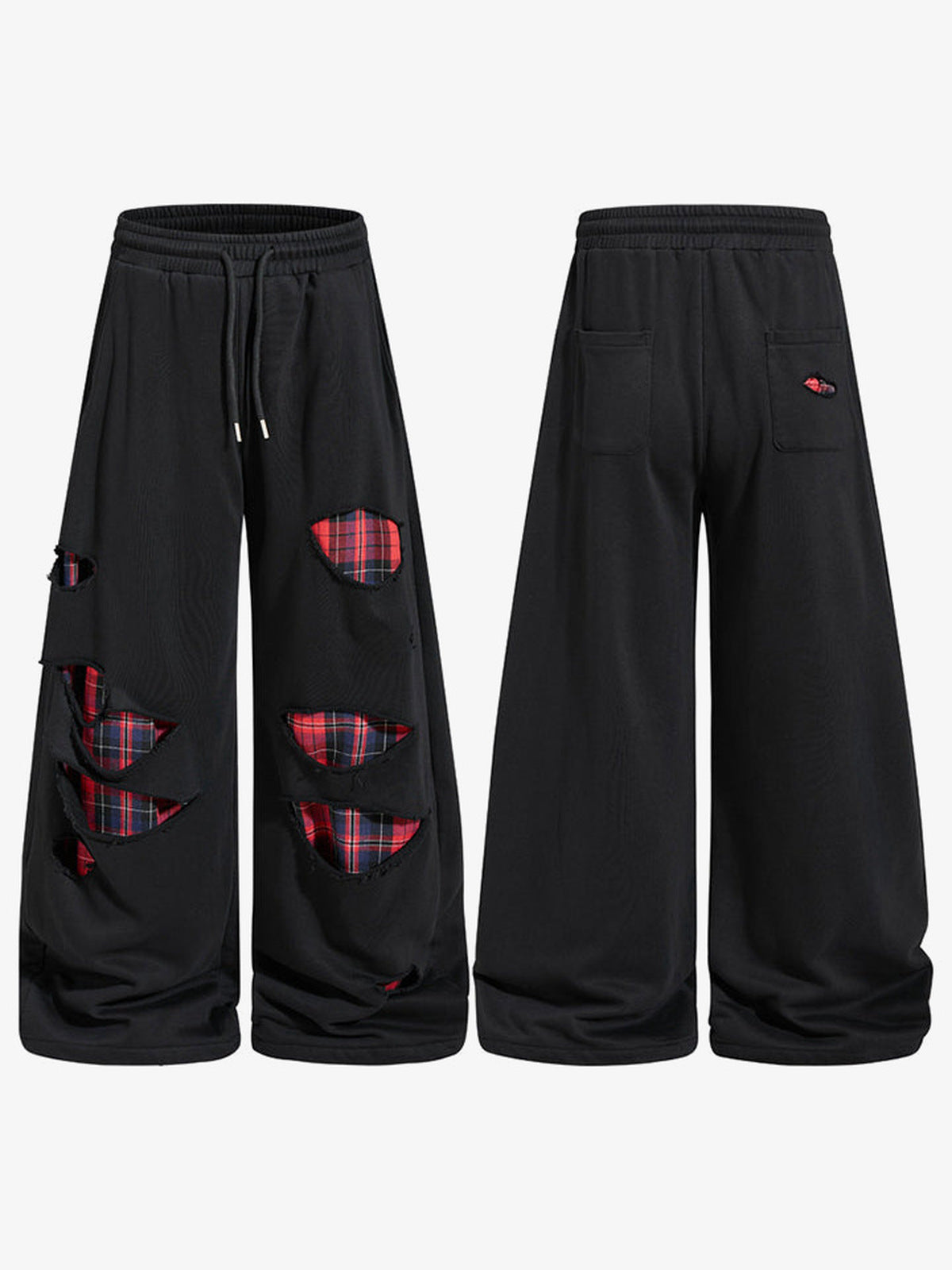 Schwarze Ripped Jogginghose mit Karo-Patches – Vorder- und Rückansicht | XoKool