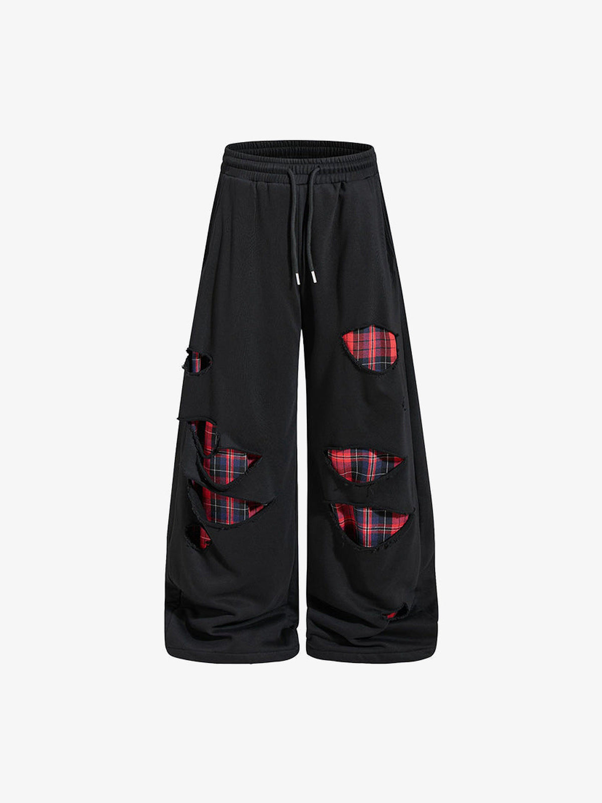 Schwarze Ripped Jogginghose mit Karo-Patches – Vorderansicht | XoKool
