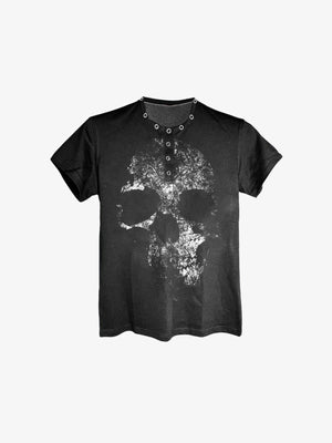 Black Skull T-Shirt with Metal Eyelet Neckline – Front flat lay | XoKool