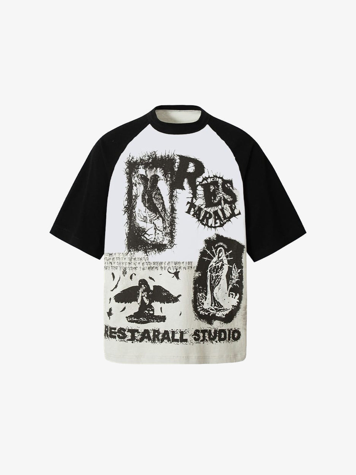 Raglan T-Shirt mit schwarzen Ärmeln und religiösem Collagen-Print – Off-White, Vorderansicht | XoKool