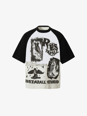 Raglan T-Shirt mit schwarzen Ärmeln und religiösem Collagen-Print – Off-White, Vorderansicht | XoKool