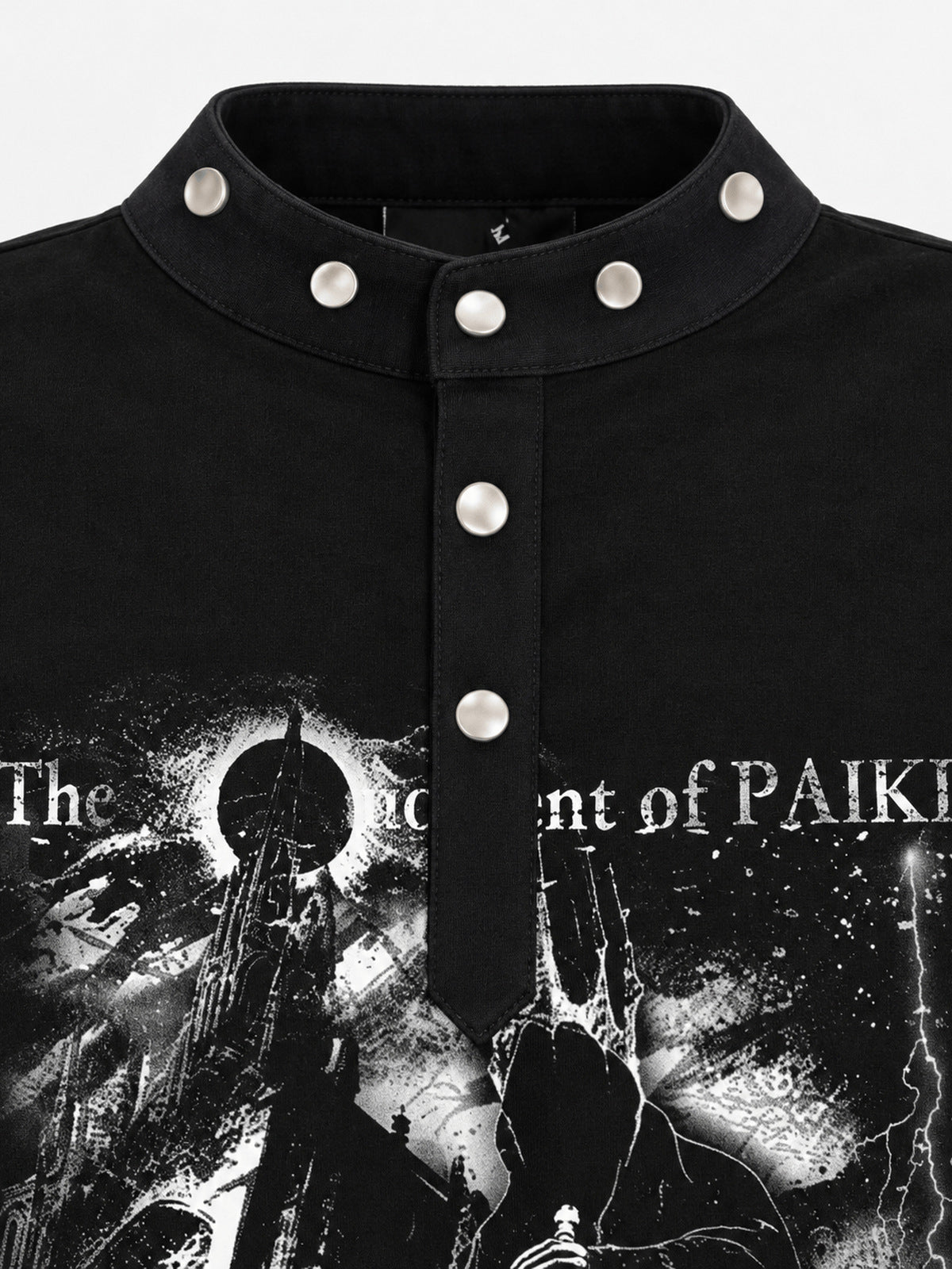 Black Stand Collar Long Sleeve Tee with Cathedral Print – collar snaps and print close-up | XoKool
