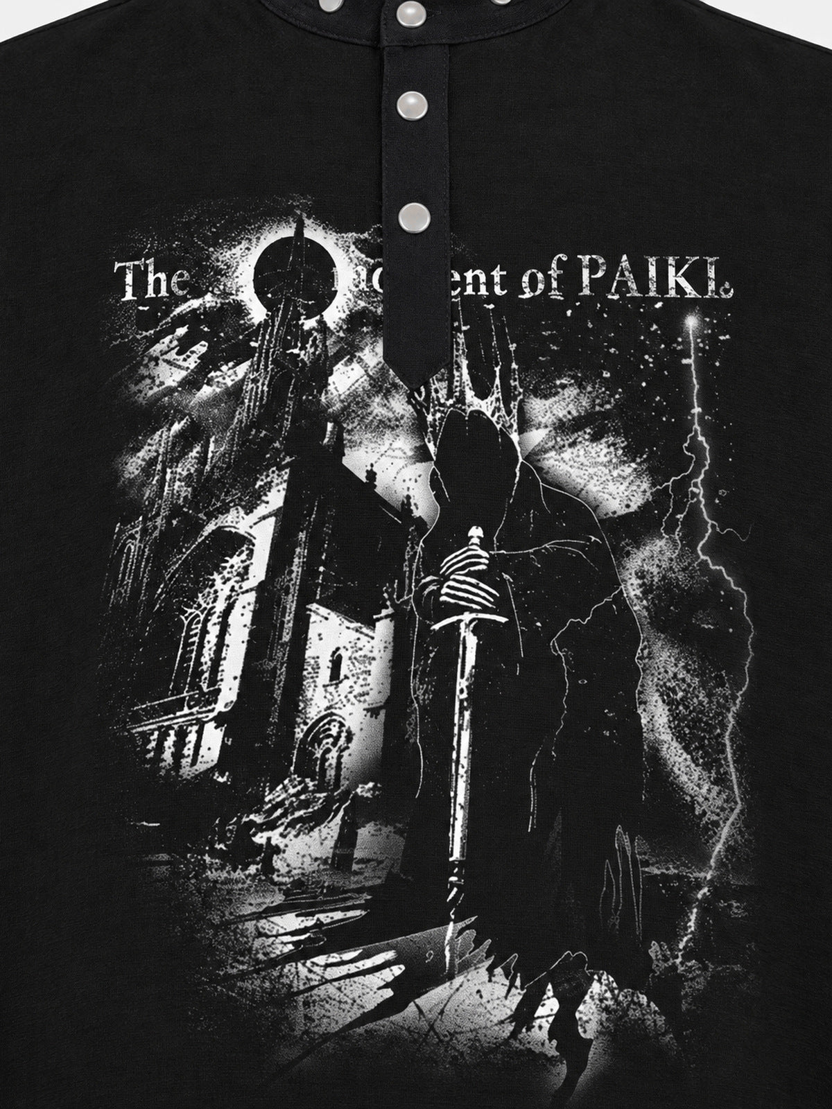 Black Stand Collar Long Sleeve Tee with Cathedral Print – print close-up | XoKool