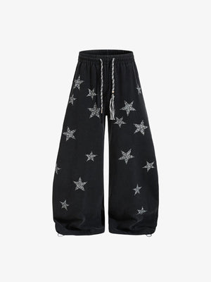Schwarze Jogginghose mit Stern und weitem Ballonbein – Schwarz, Vorderseite flach | XoKool