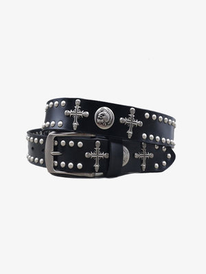 Black Studded Belt with Cross Conchos and Medallions – Black belt coiled, buckle view | XoKool