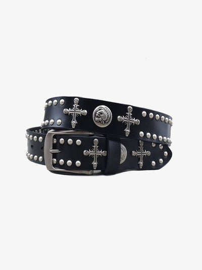Schwarzer Nietengürtel mit Kreuz-Conchos und Medaillons