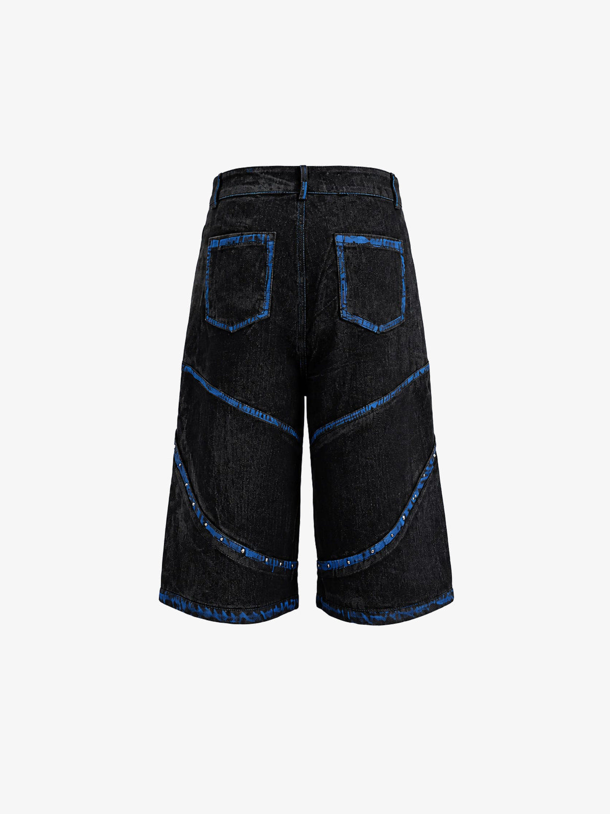Black Studded Jorts with Blue Trim and Zip Pockets – back flat | XoKool