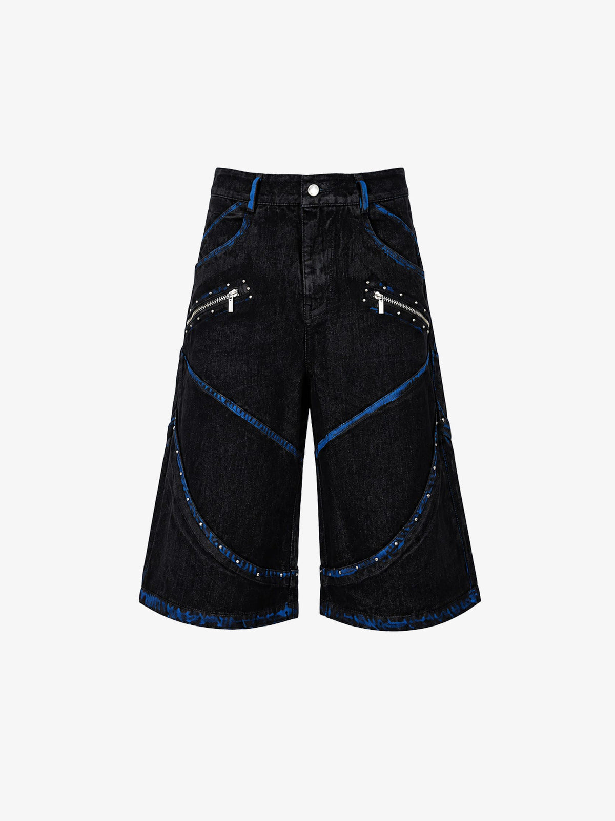 Schwarze Jorts mit Nieten, blauen Details und Reißverschlusstaschen – Schwarz/Blau, Vorderansicht flach | XoKool