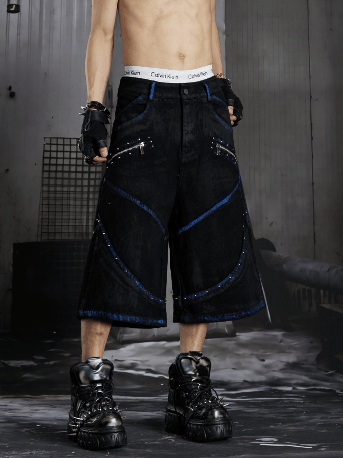 Studded jorts – on model, front 3/4 | XoKool
