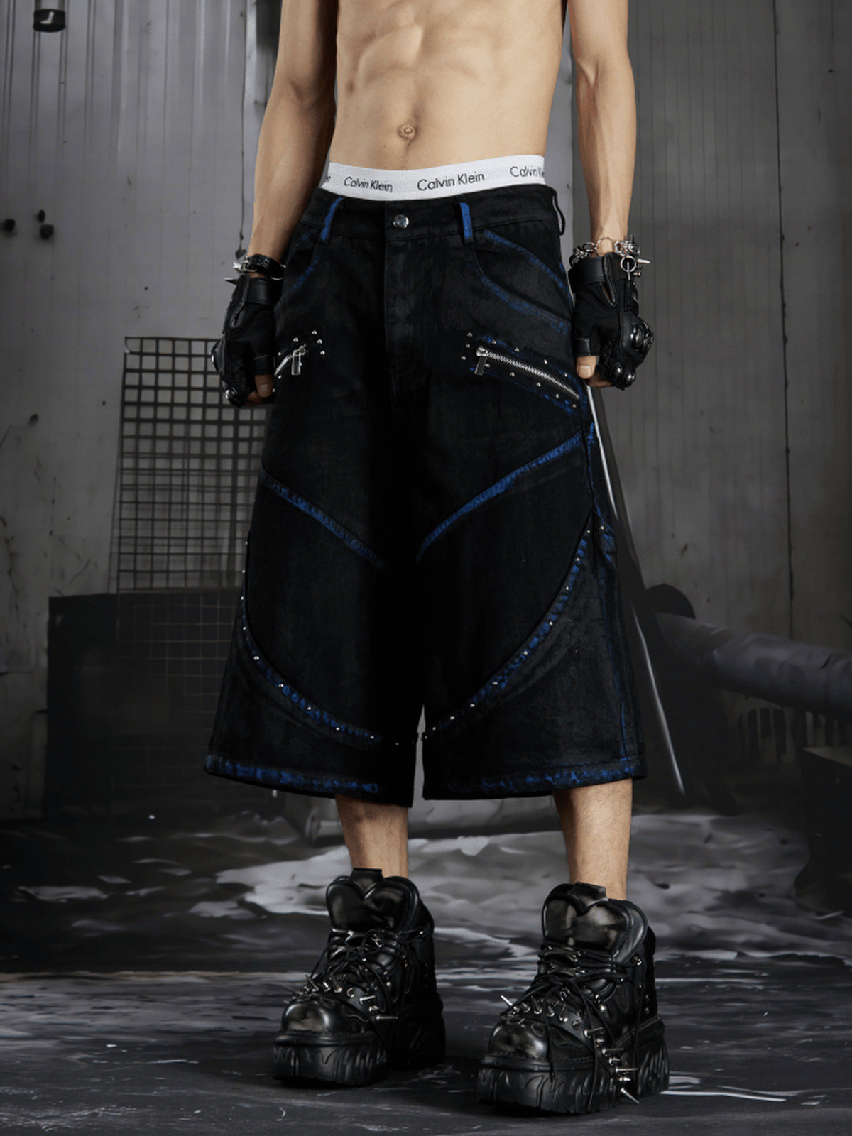 Studded jorts – on model, front close | XoKool