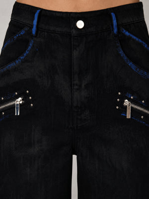 Studded jorts – waistband and zip pockets close-up | XoKool