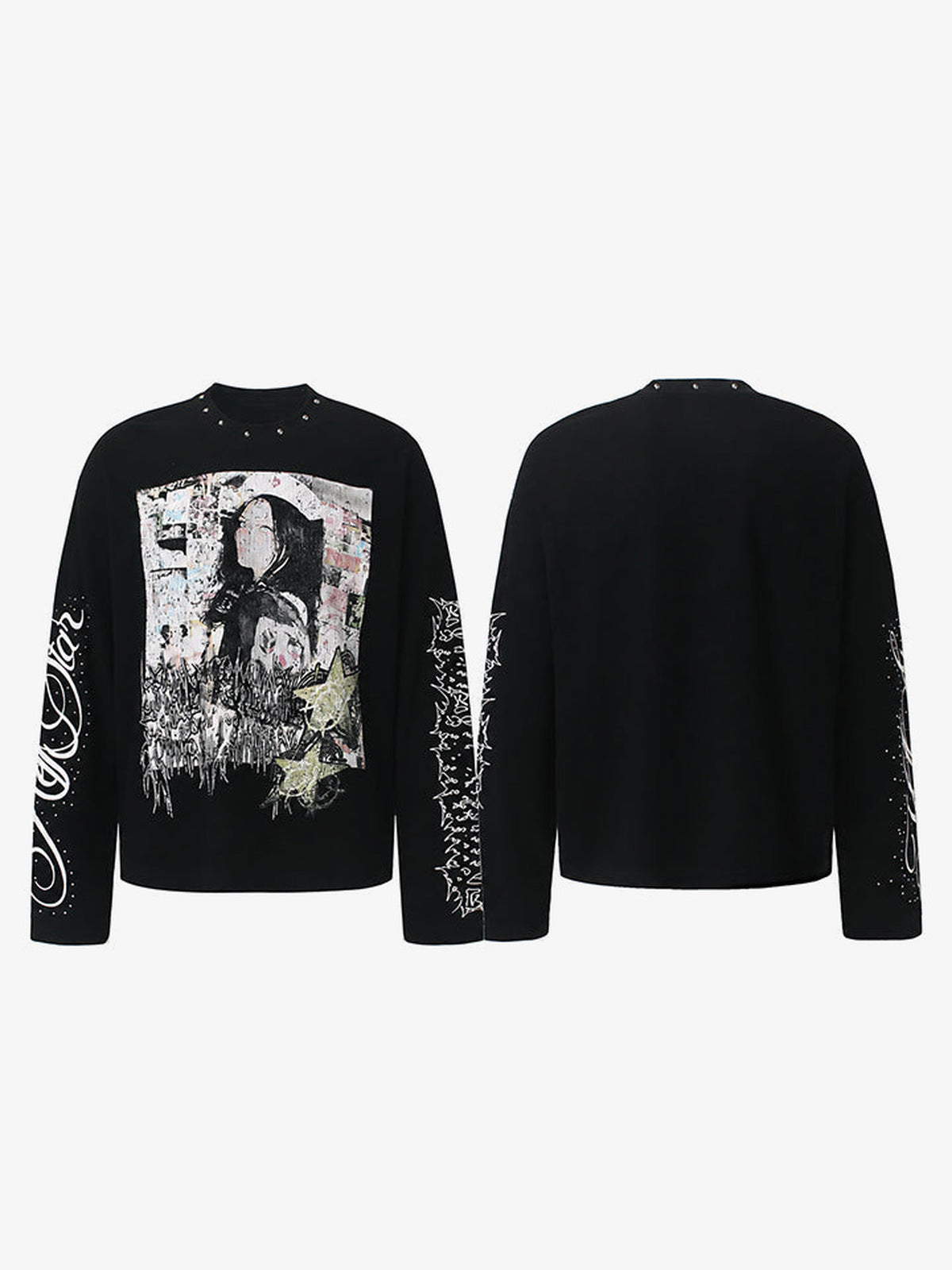 Schwarzes Longsleeve mit Nieten und Portrait-Print – Vorder- und Rückseite flach | XoKool