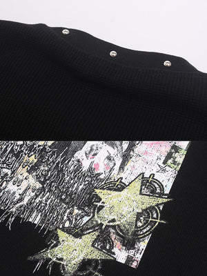 Schwarzes Longsleeve mit Nieten und Portrait-Print – Schulternieten und Sternprint im Detail | XoKool