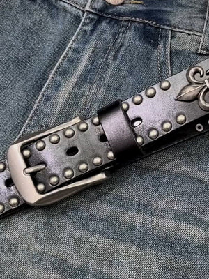 Black Studded Rivet Belt with Fleur Conchos – buckle close-up on denim | XoKool