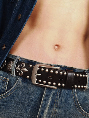 Black Studded Rivet Belt with Fleur Conchos – on model with jeans | XoKool