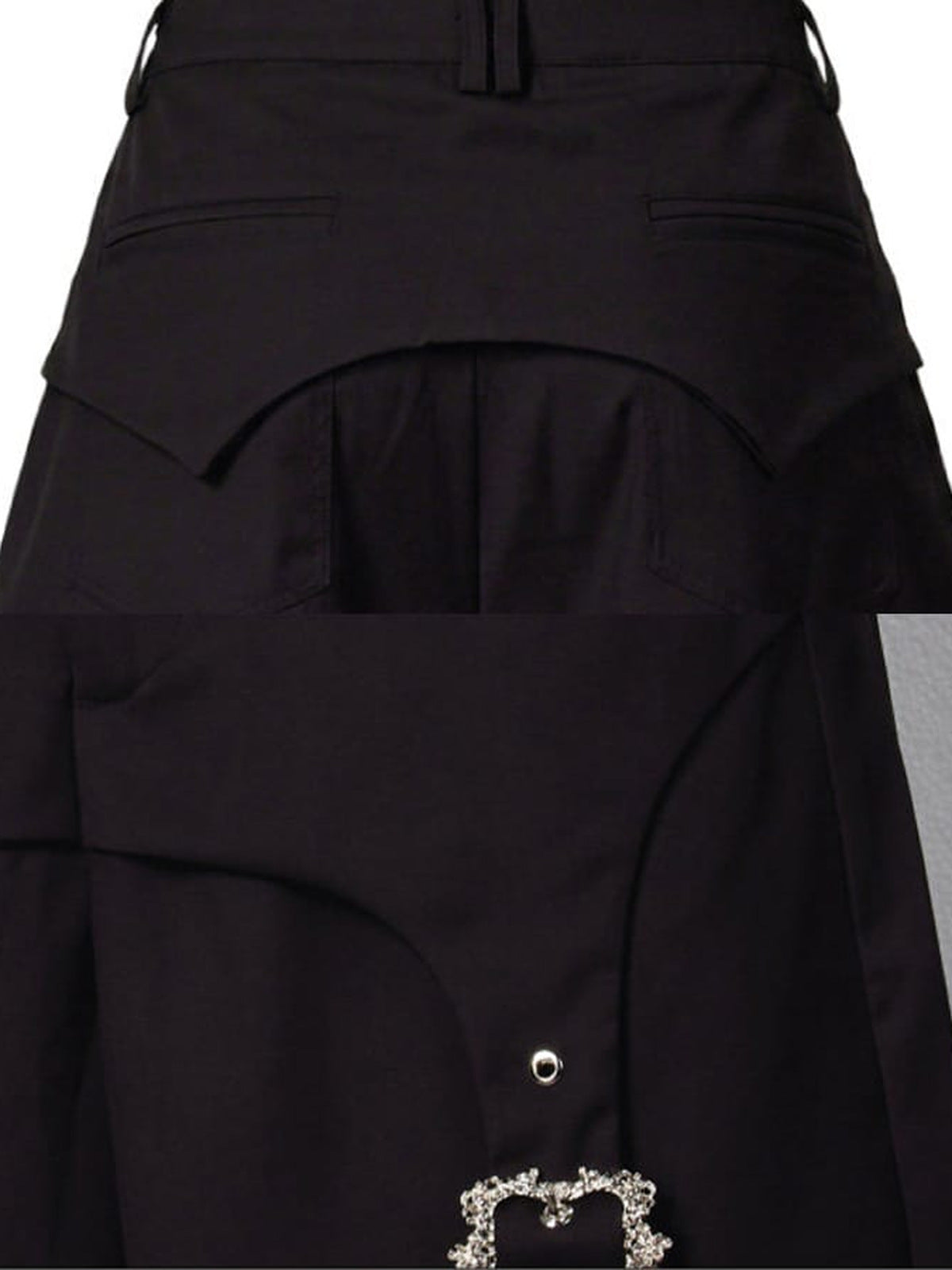 Black tailored shorts – back yoke and buckle close-up | XoKool