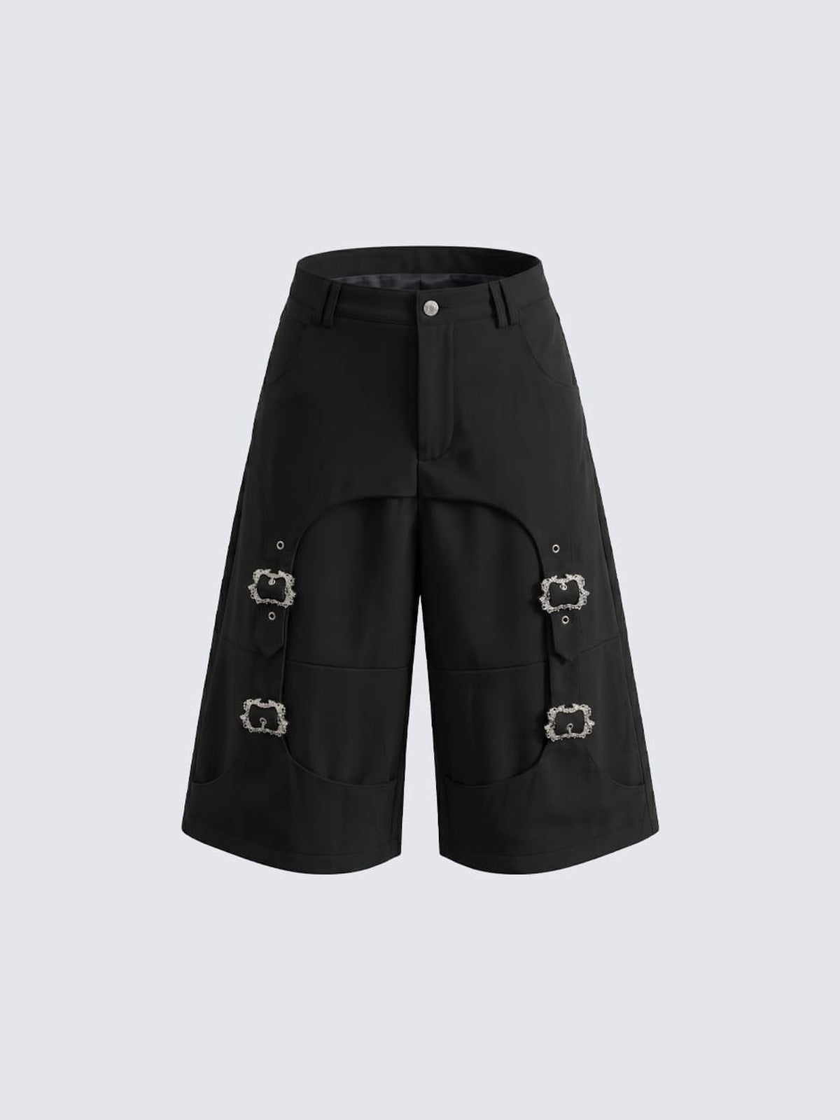 Black Tailored Shorts with Metal Buckle Straps – Black, front flat | XoKool