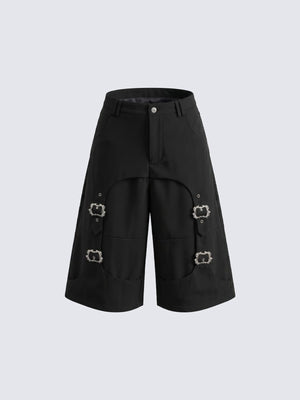 Black Tailored Shorts with Metal Buckle Straps – Black, front flat | XoKool