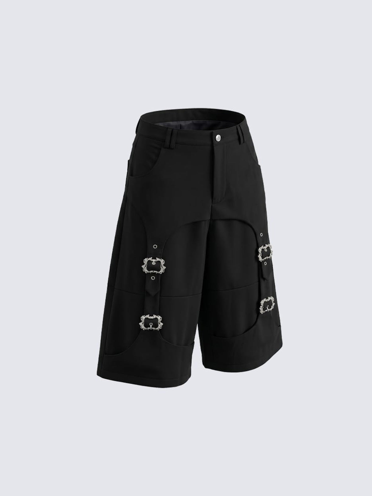 Black Tailored Shorts with Metal Buckle Straps – side flat | XoKool