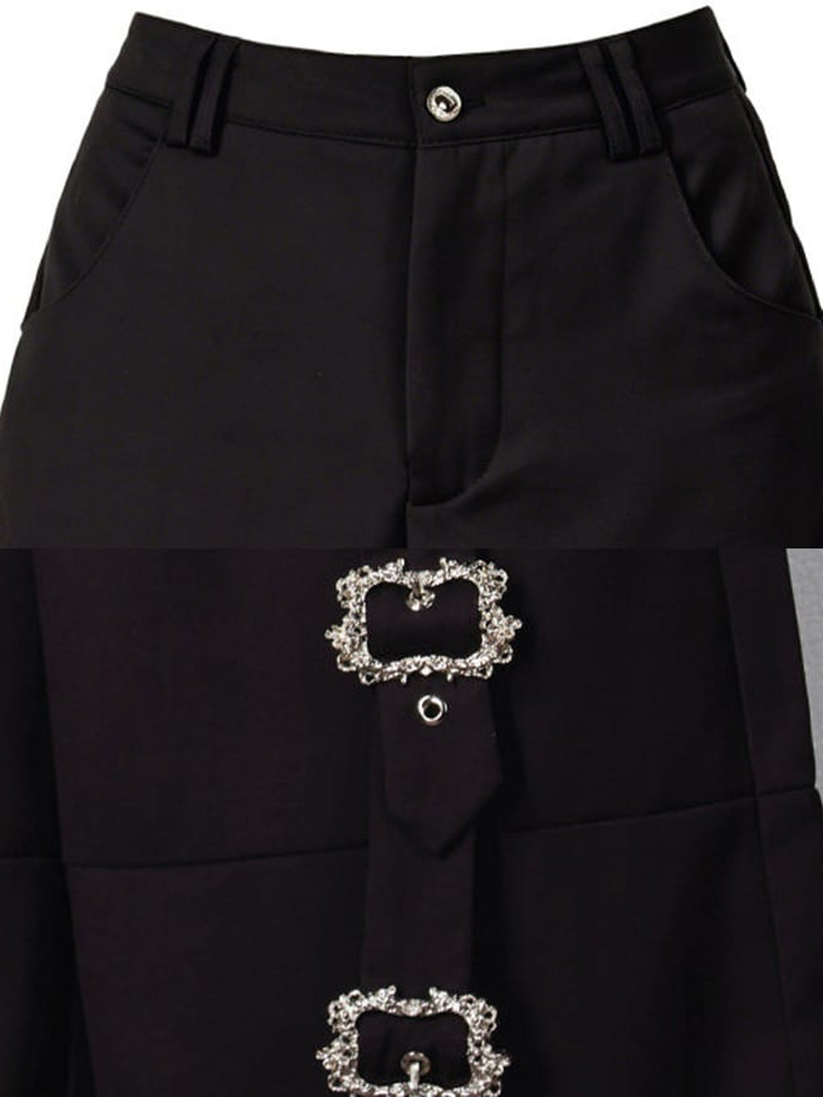 Black tailored shorts – waistband and buckle close-up | XoKool