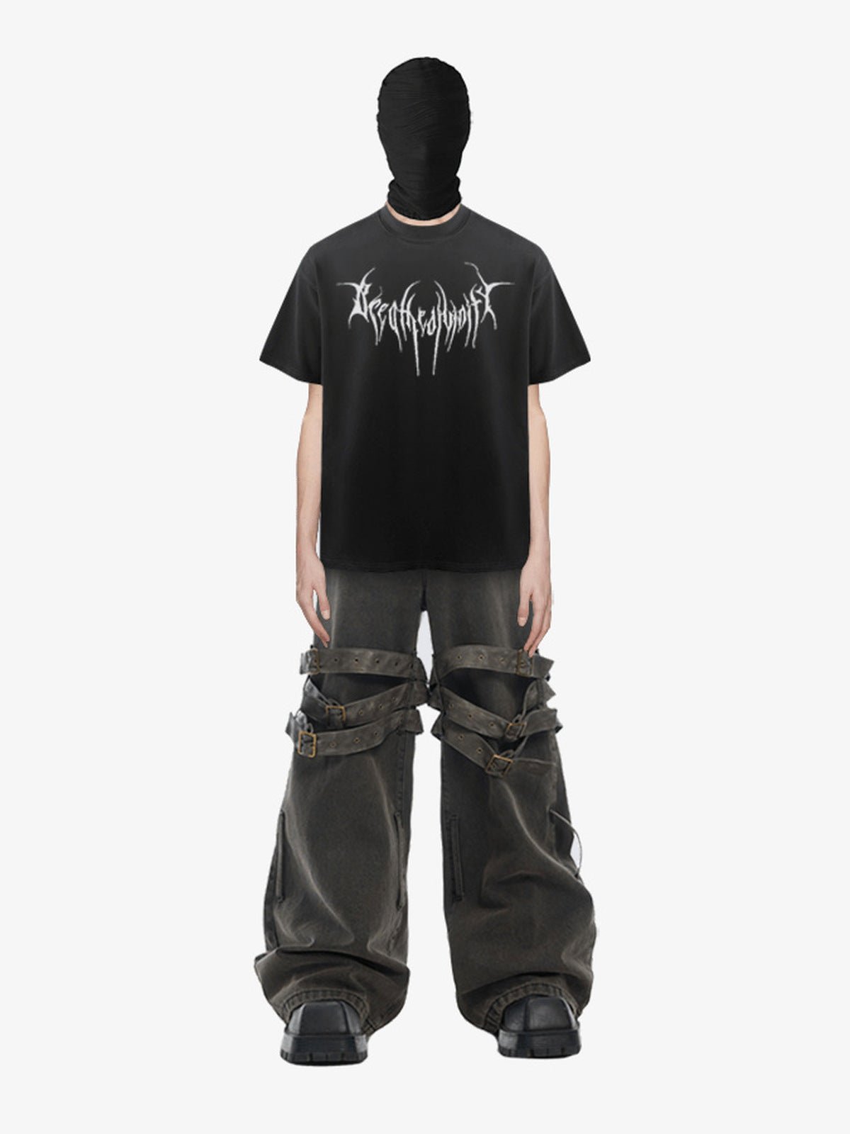 Black Tribal Back Print T-Shirt – On model, front (face covered by balaclava) | XoKool