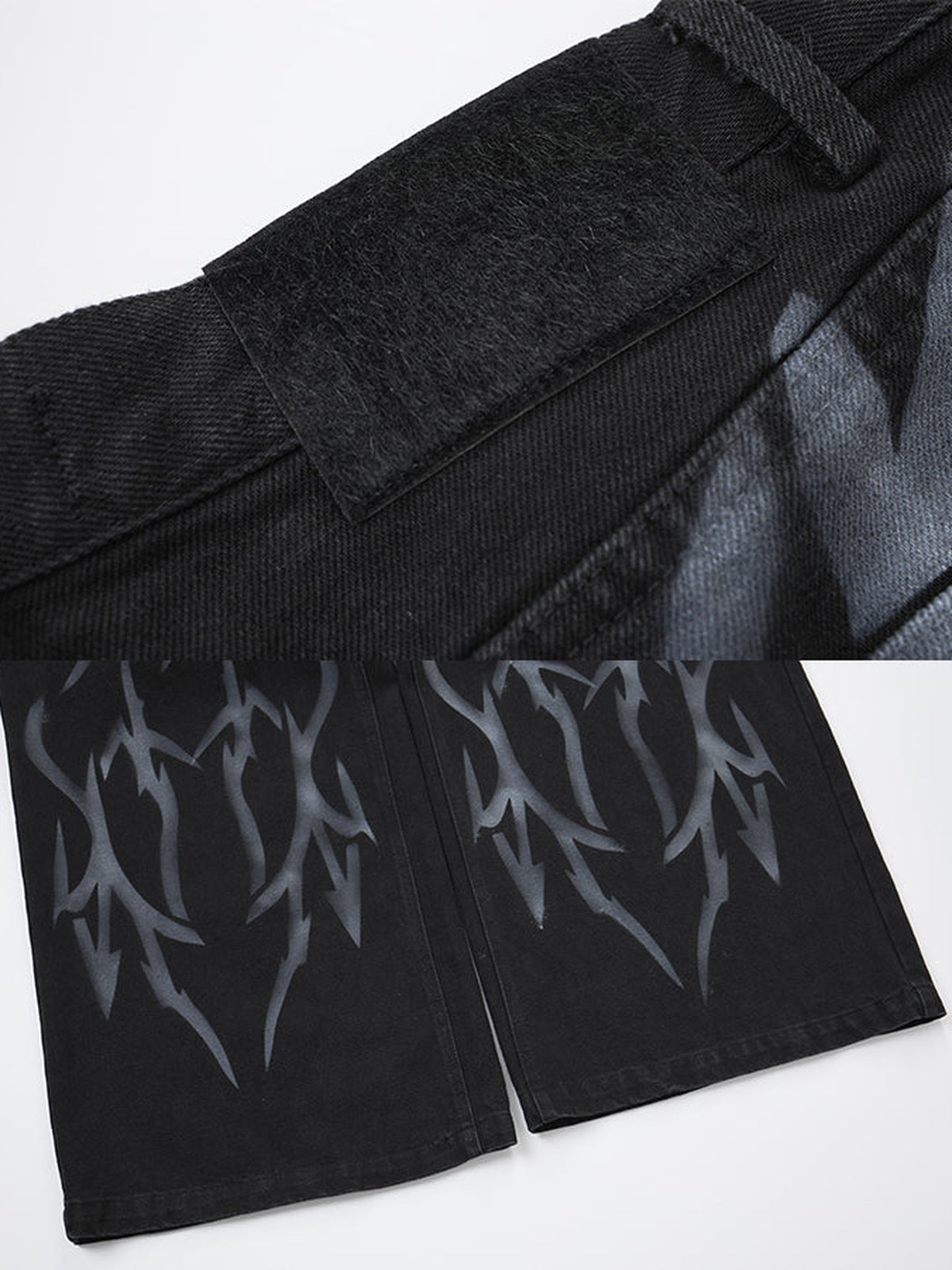 Schwarze Baggy Jeans mit Tribal-Print – Detail-Collage: Innenbund-Label, Saum-Print | XoKool
