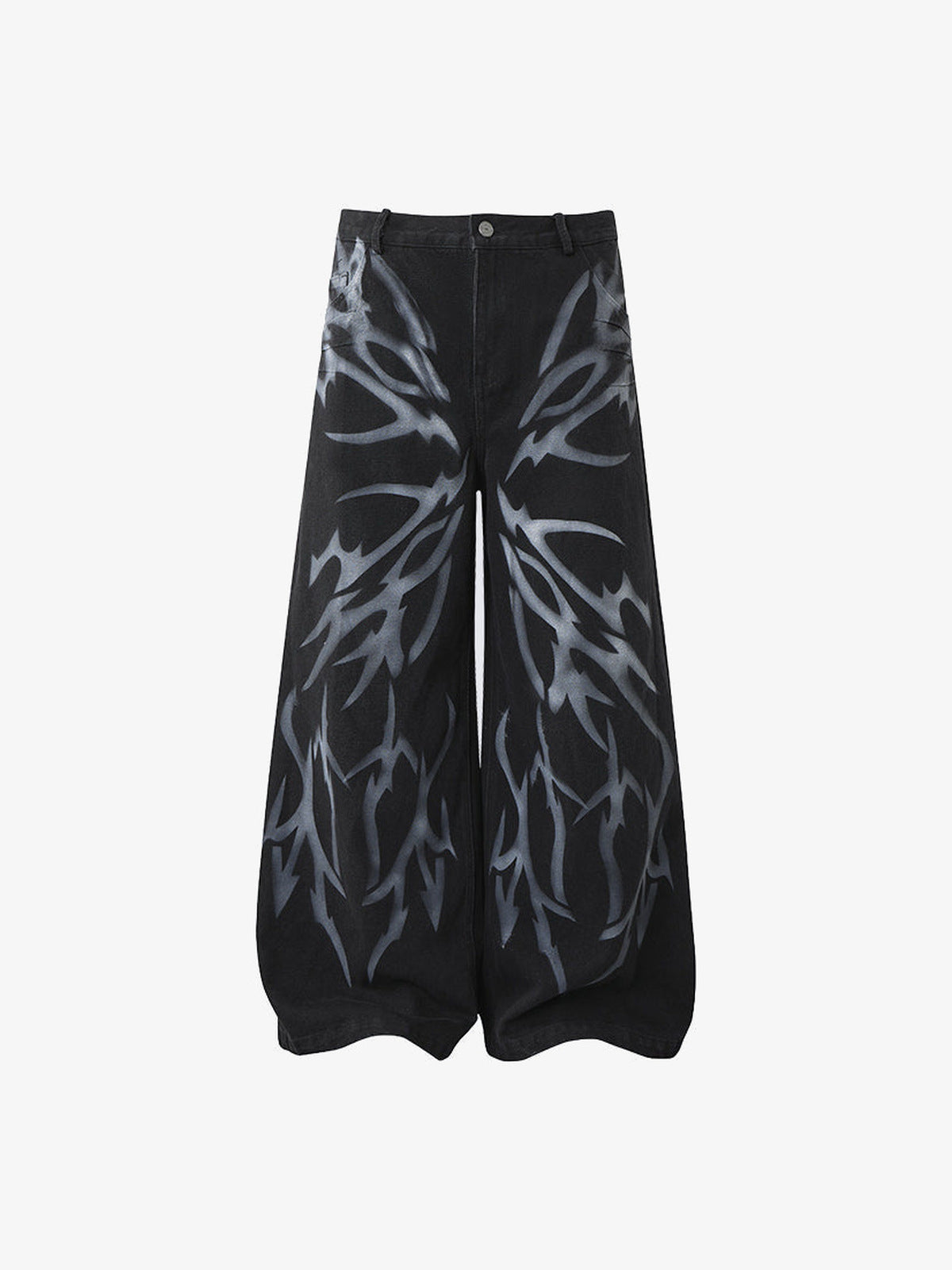 Schwarze Baggy Jeans mit Tribal-Print – Vorderseite flach | XoKool