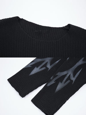 Black Tribal Spike Graphic Knit Sweater – neckline and sleeve graphic close-up | XoKool