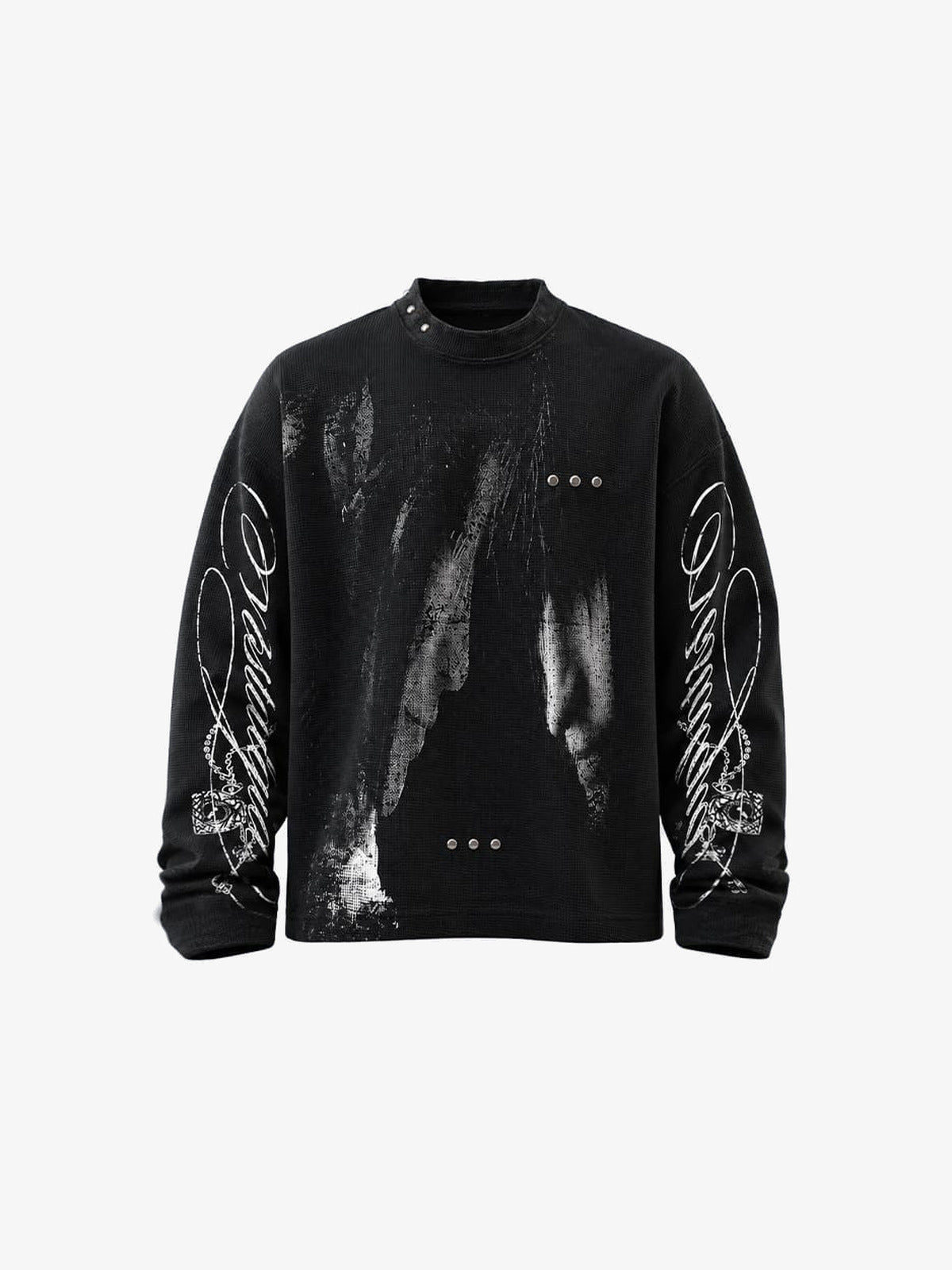 Black Waffle Knit Mock Neck Long Sleeve Top – Black, front view | XoKool