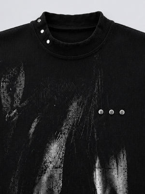 Waffle mock neck top – neck studs and chest stud close-up | XoKool