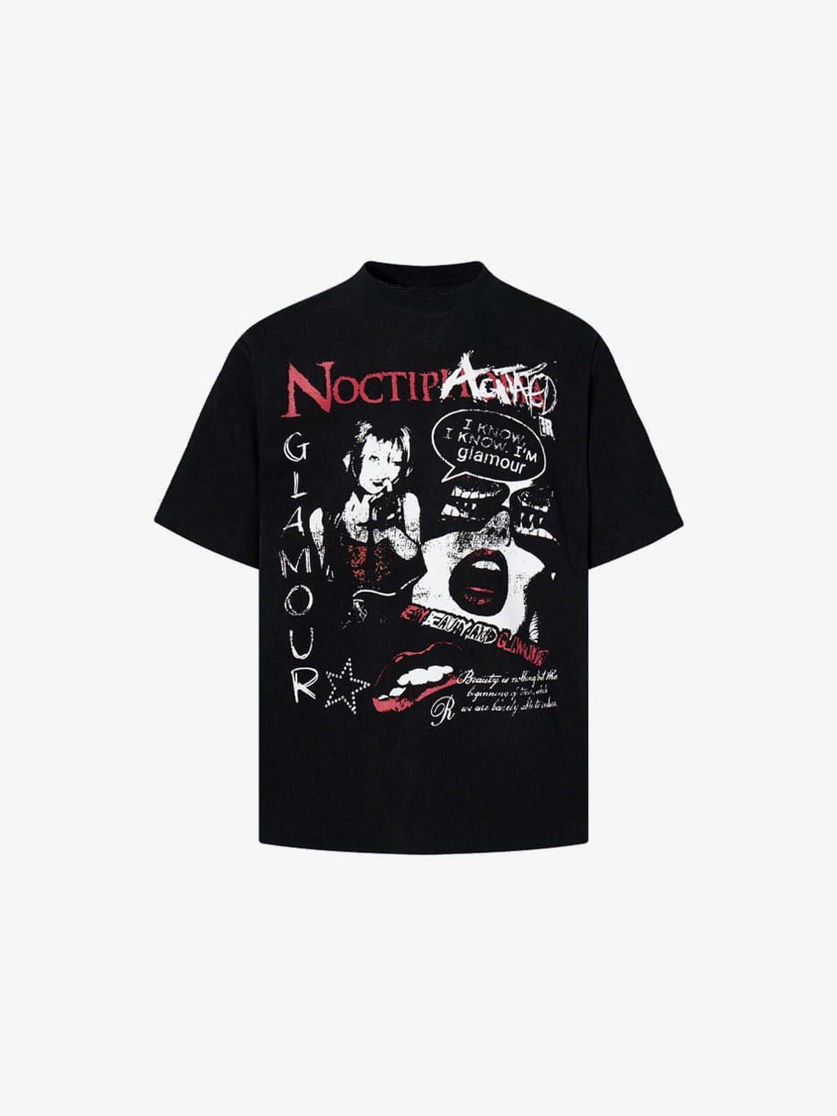 Black Waffle Knit Y2K Graphic Tee with Rhinestone Star – Black, front view | XoKool