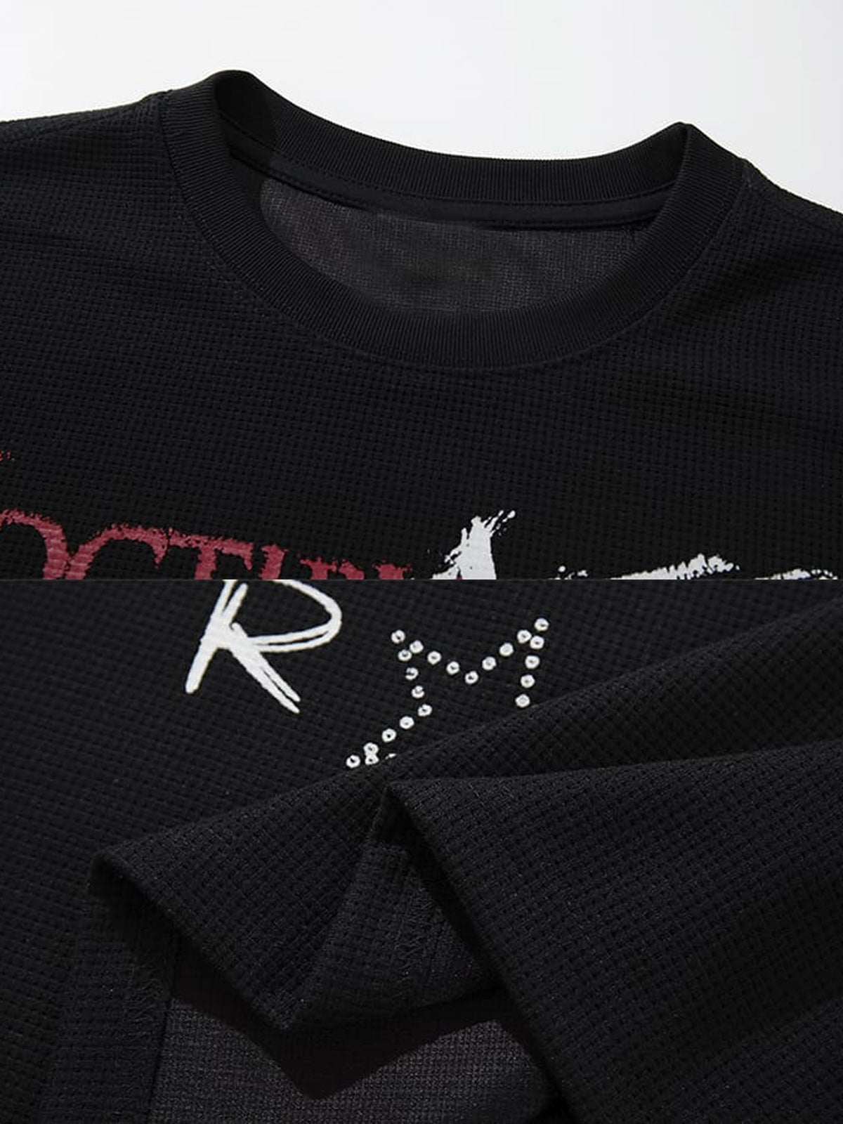 Waffle knit graphic tee – neckline + rhinestone star close-up | XoKool