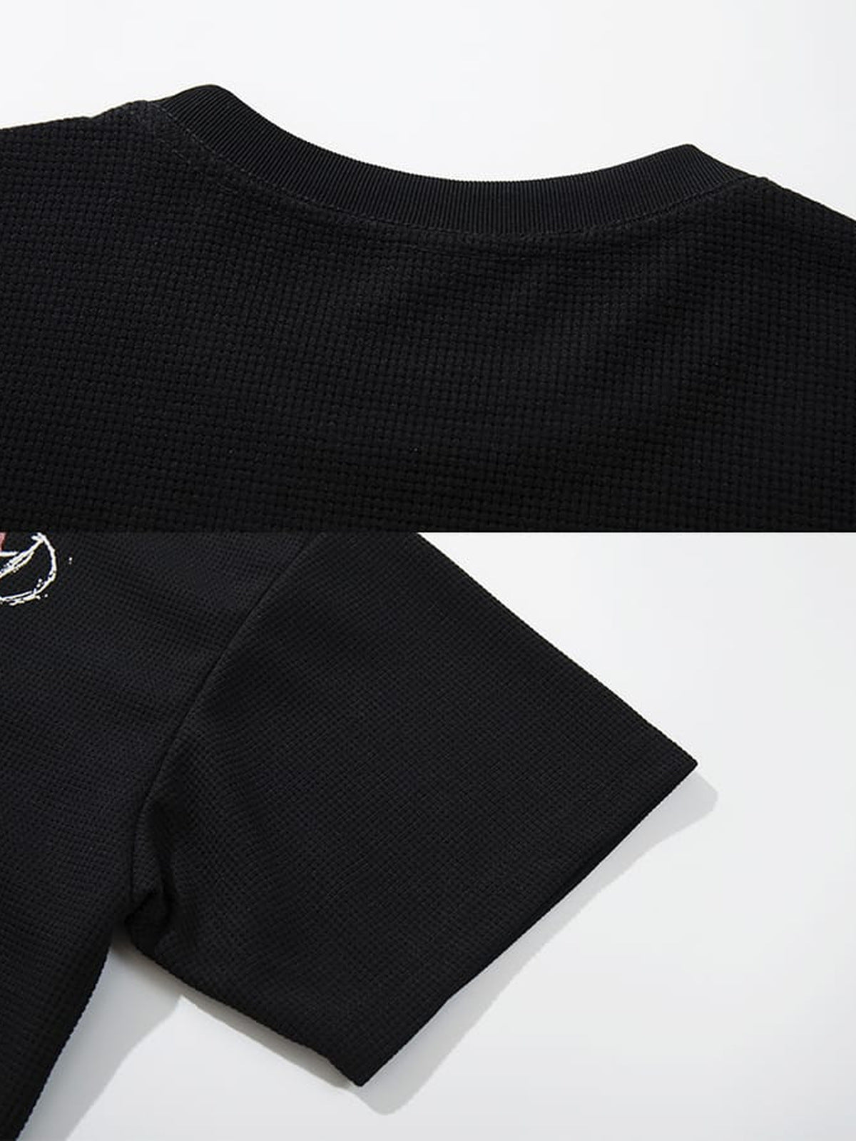 Waffle knit graphic tee – neckline + sleeve close-up | XoKool