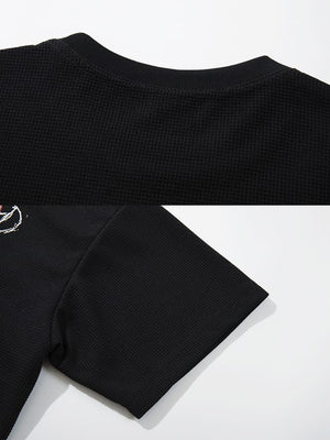 Waffle knit graphic tee – neckline + sleeve close-up | XoKool
