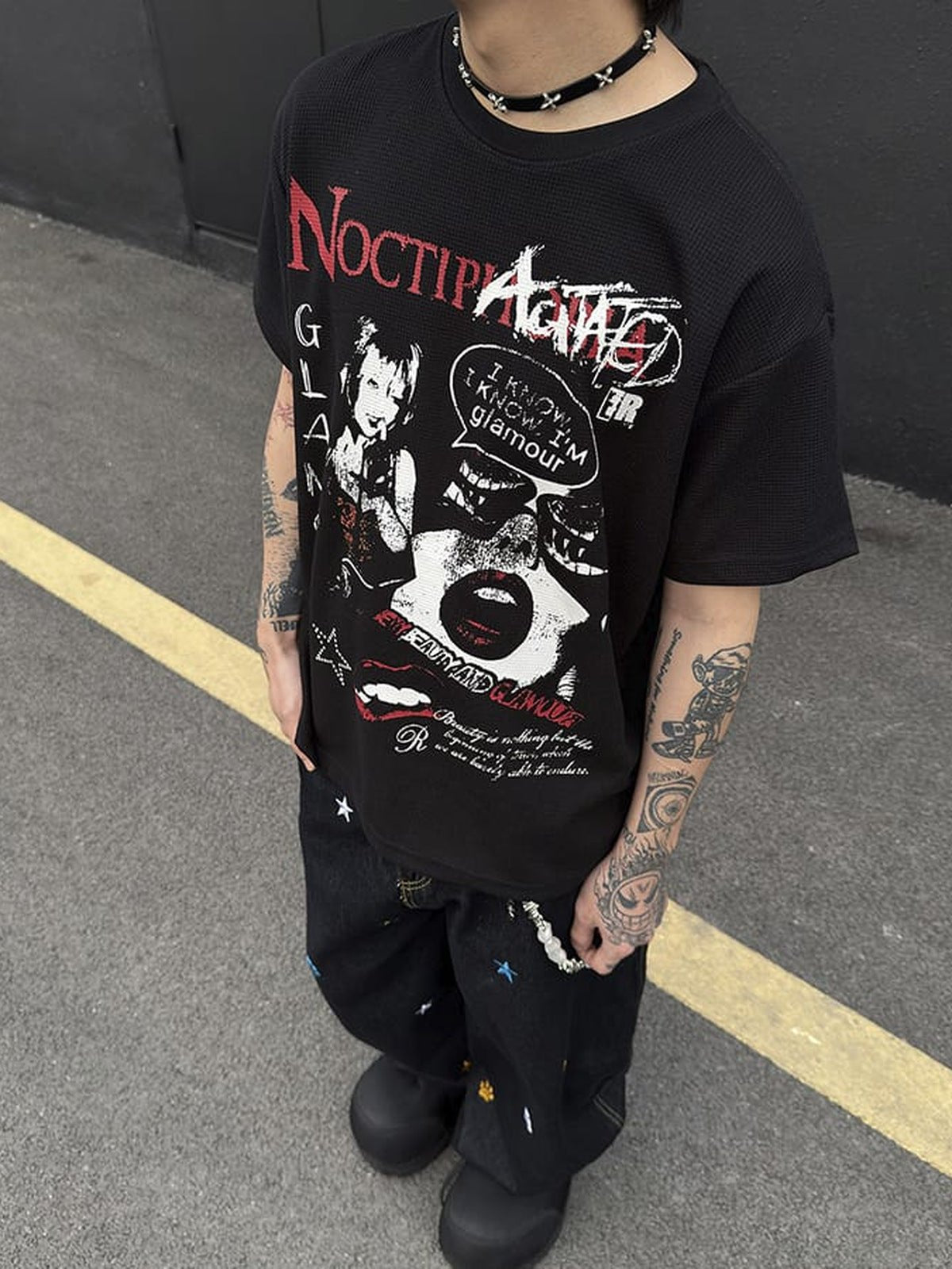 Black Waffle Knit Y2K Graphic Tee with Rhinestone Star – on model, front | XoKool