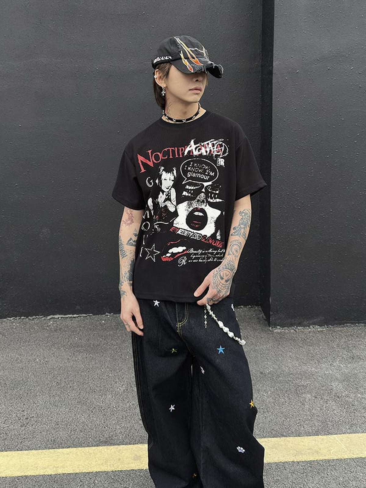 Black Waffle Knit Y2K Graphic Tee with Rhinestone Star – street photo | XoKool