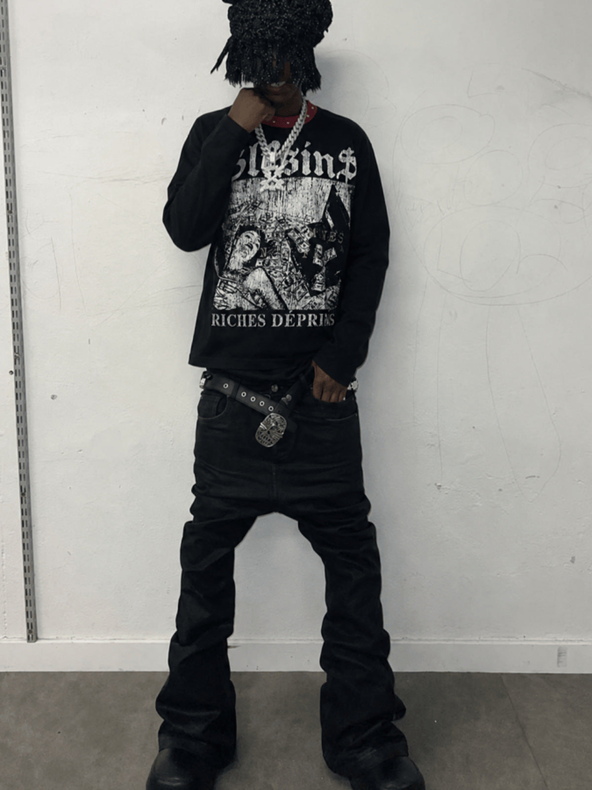 Black Waffle Long Sleeve Graphic Tee with Studded Collar – street photo, on model full length | XoKool