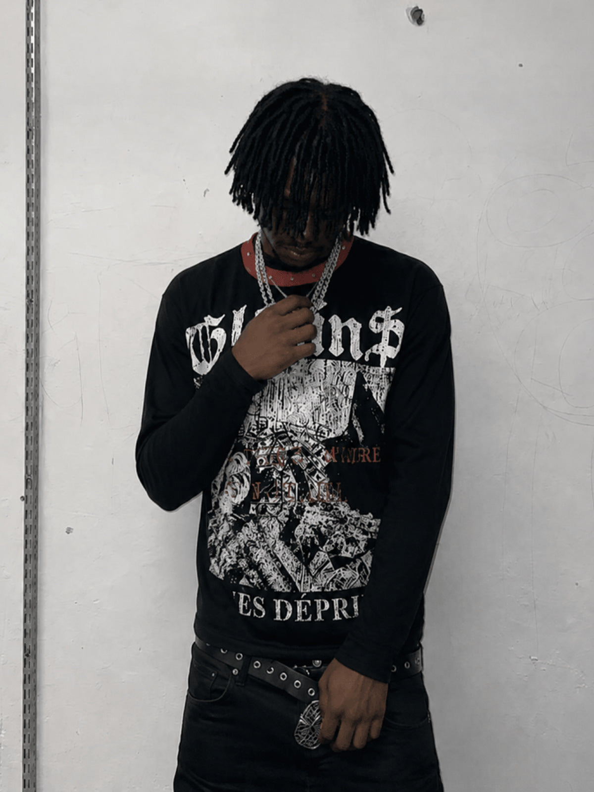 Black Waffle Long Sleeve Graphic Tee with Studded Collar – street photo, on model | XoKool