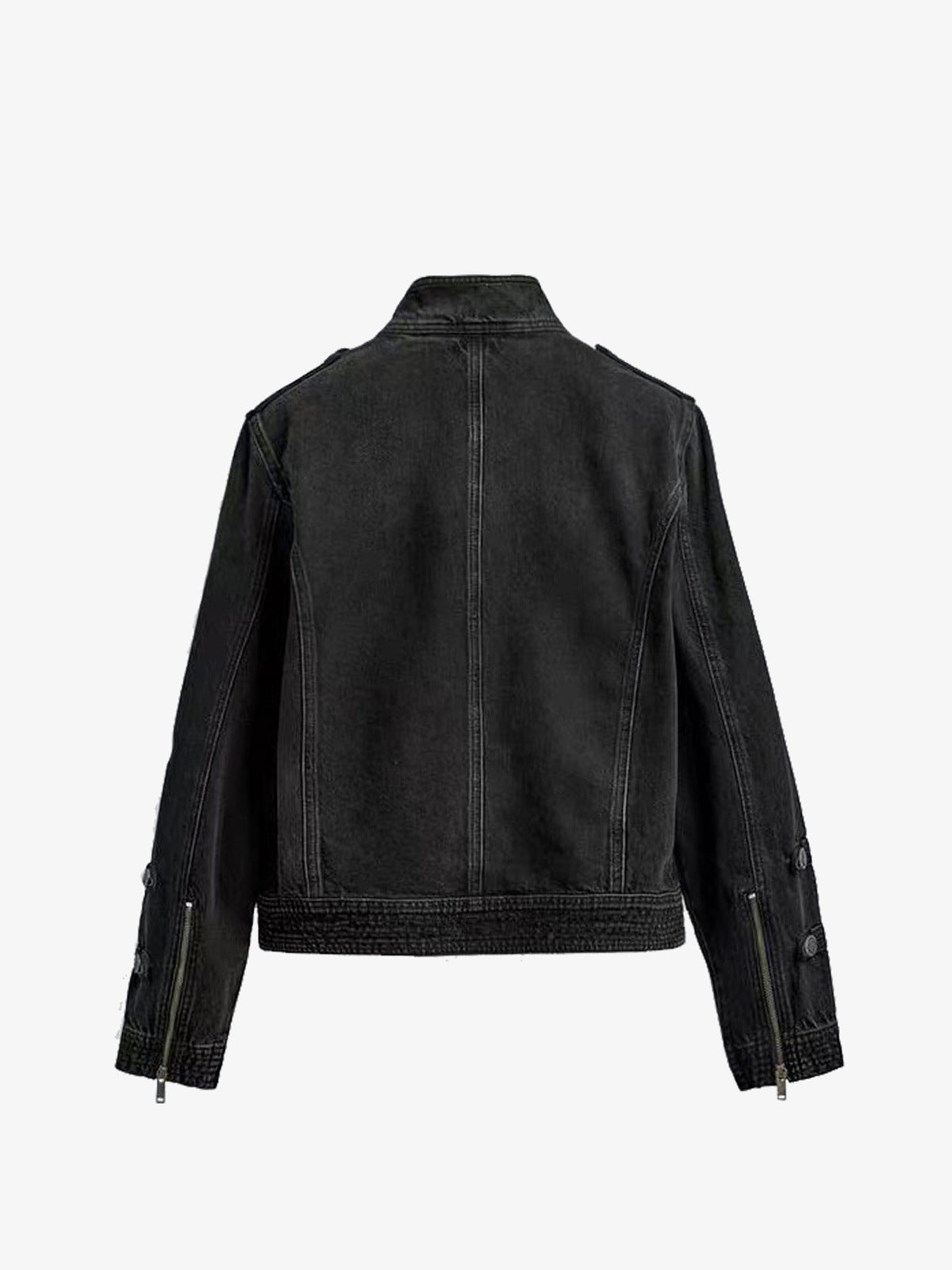 Black Washed Denim Military Band Jacke – Rückseite flach | XoKool