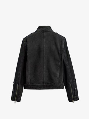 Black Washed Denim Military Band Jacke – Rückseite flach | XoKool