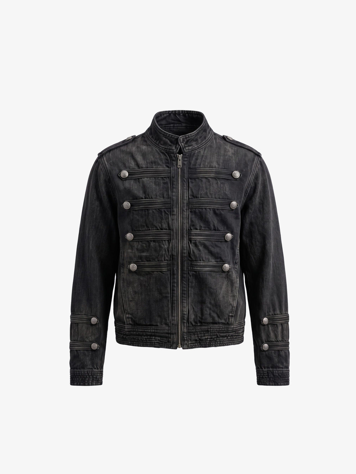 Black Washed Denim Military Band Jacke – Schwarz, Vorderseite flach | XoKool