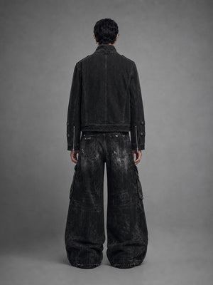 Black Washed Denim Military Band Jacke – am Model, Rückseite | XoKool