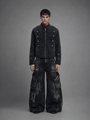 Black Washed Denim Military Band Jacke – am Model, Vorderseite | XoKool