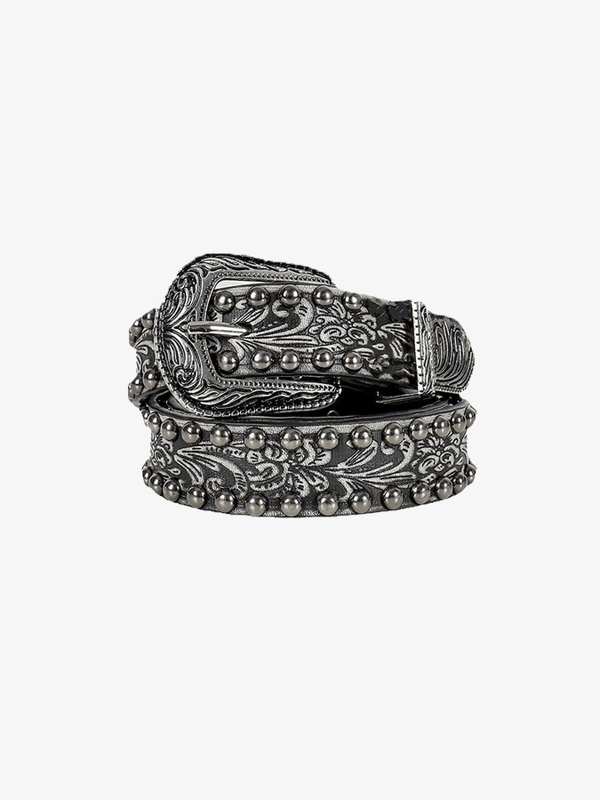 Cinturón western negro con tachas y hebilla grabada – enrollado, vista frontal | XoKool