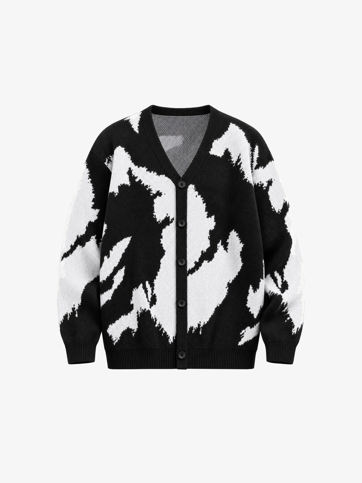 Schwarz-weiße Strickjacke mit abstraktem Jacquard und V-Ausschnitt – Schwarz/Weiß, Vorderansicht | XoKool