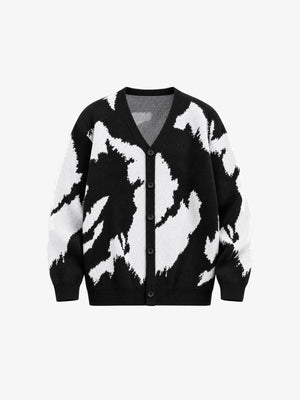 Cardigan col V jacquard abstrait noir et blanc – noir/blanc, vue de face | XoKool