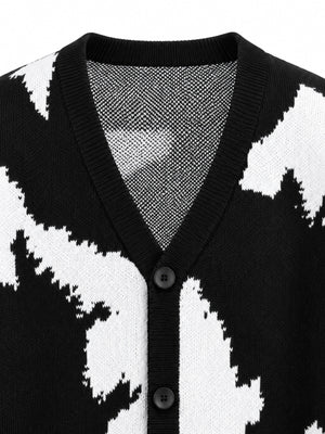Cardigan col V jacquard abstrait noir et blanc – gros plan sur l'encolure | XoKool